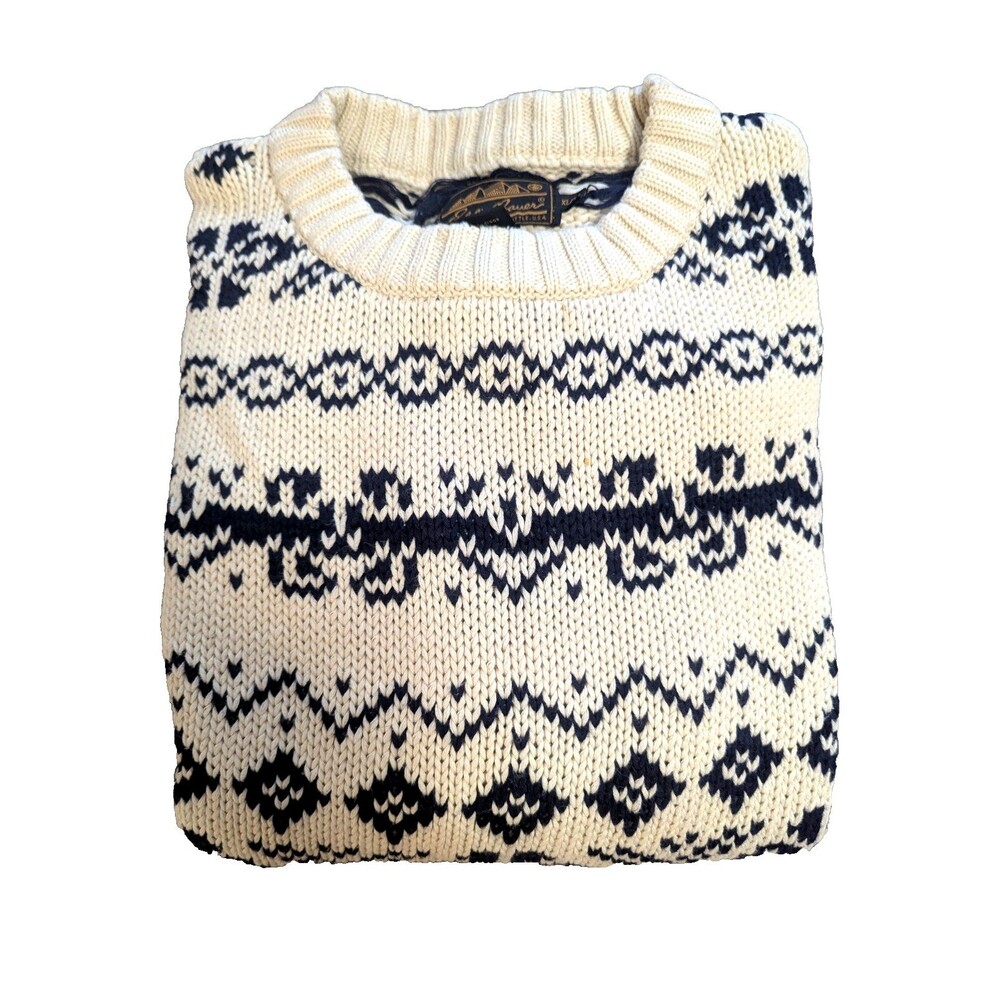 Eddie Bauer 100% Cotton Pullover Sweater Mens XL Blue/Ivory Nordic Vtg - Picture 2 of 8